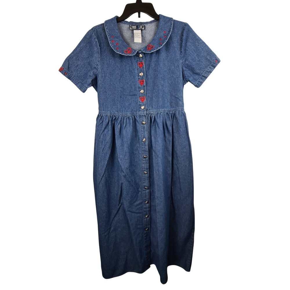 True Blue Vintage 90s Denim Heart Embroidered Button Front Dress Womens Medium